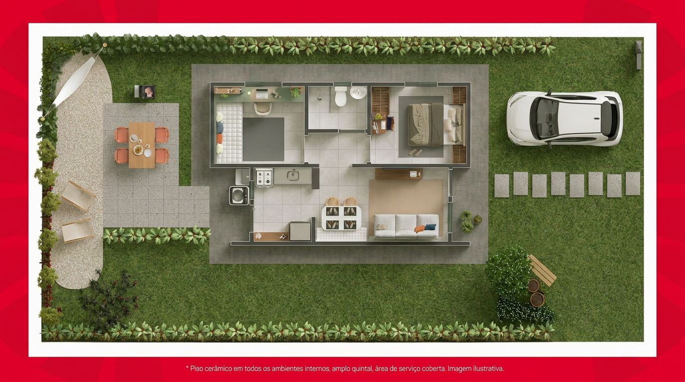Planta baixa da casa de 2 dormitórios com 43,85m²