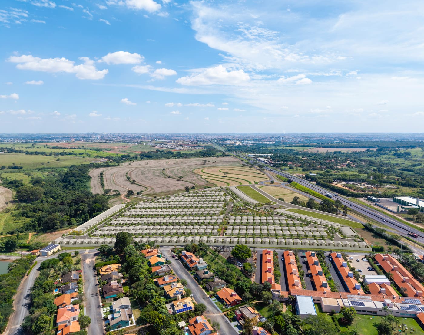 Vista aérea do Reserva das Flores e dos pontos de referência do entorno