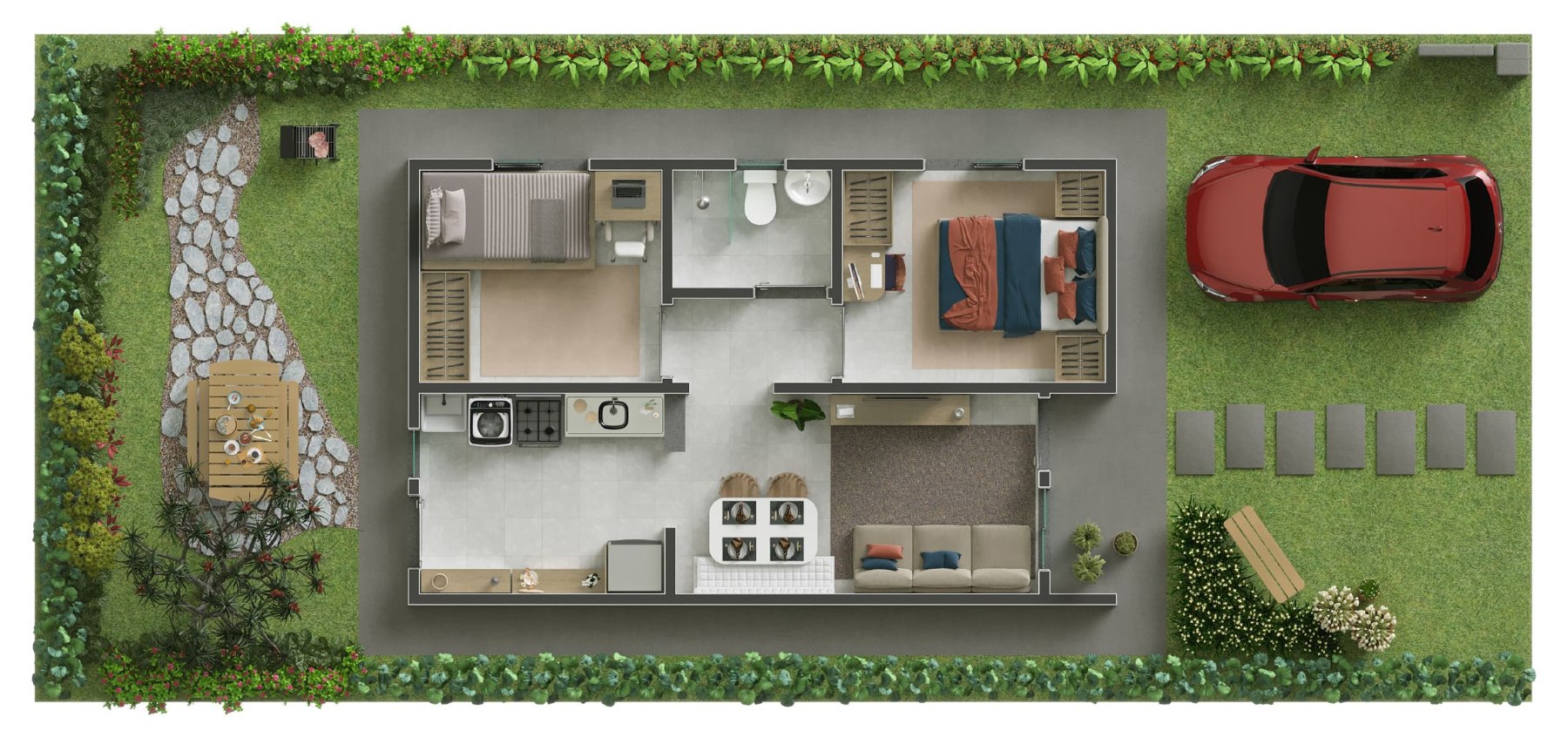 Planta Tipo 1: casa de 45,61m² com 2 dormitórios