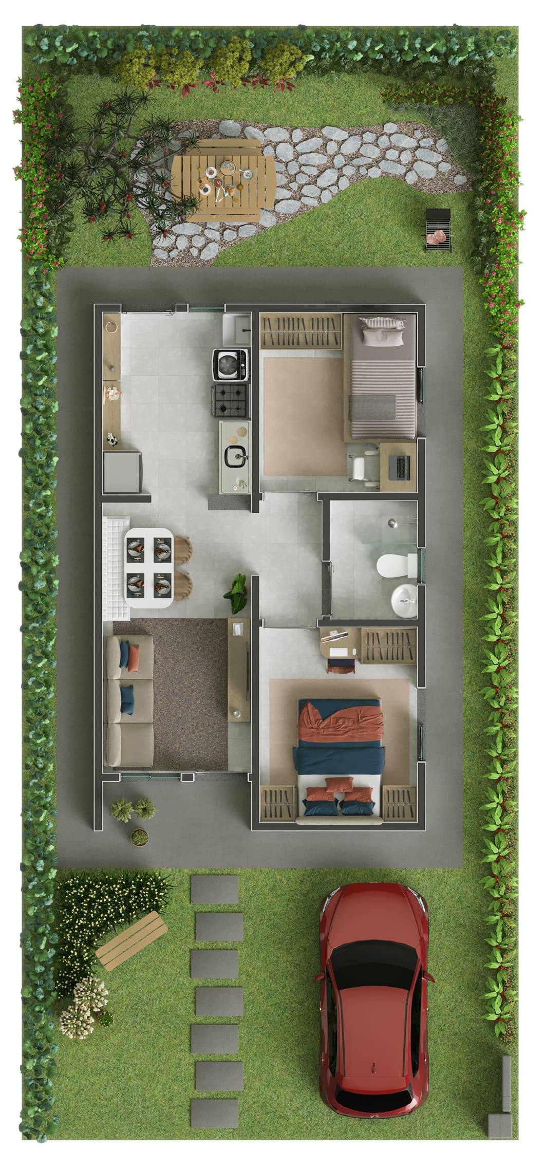 Planta Tipo 1: casa de 45,61m² com 2 dormitórios