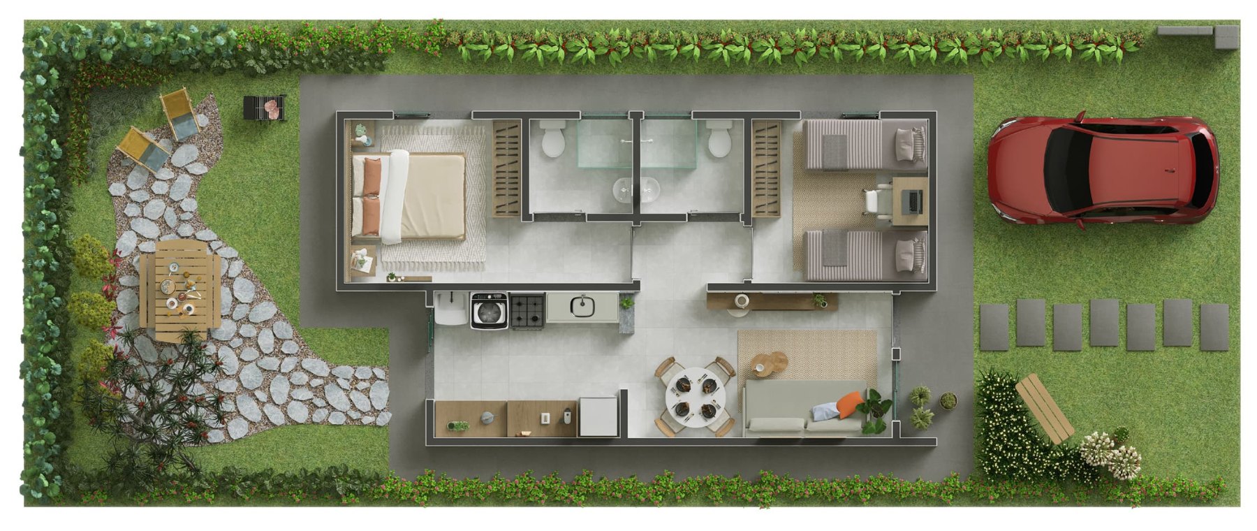 Planta Tipo 2: casa de 50,55m² com 2 dormitórios, sendo 1 suíte