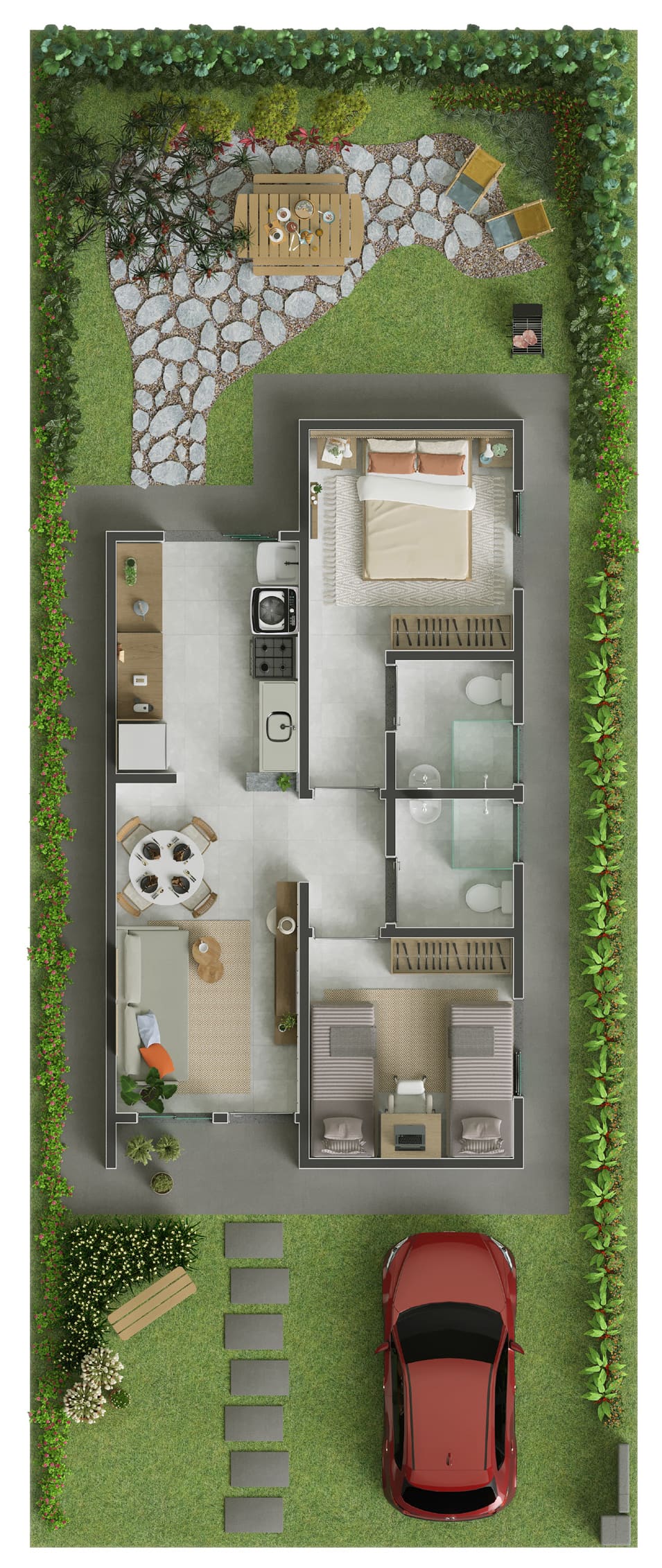 Planta Tipo 2: casa de 50,55m² com 2 dormitórios, sendo 1 suíte